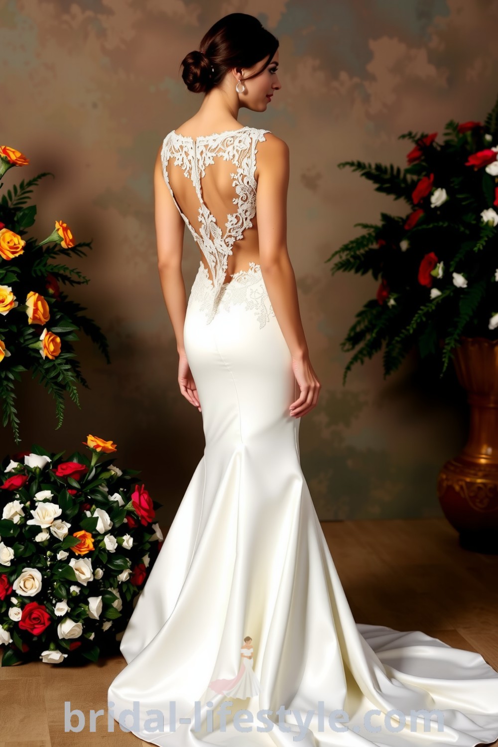 Elegant mermaid wedding dress made of luxurious satin with intricate lace detailing, featuring an open back design, perfect for dreamy brides seeking timeless style. bridal-lifestyle.com