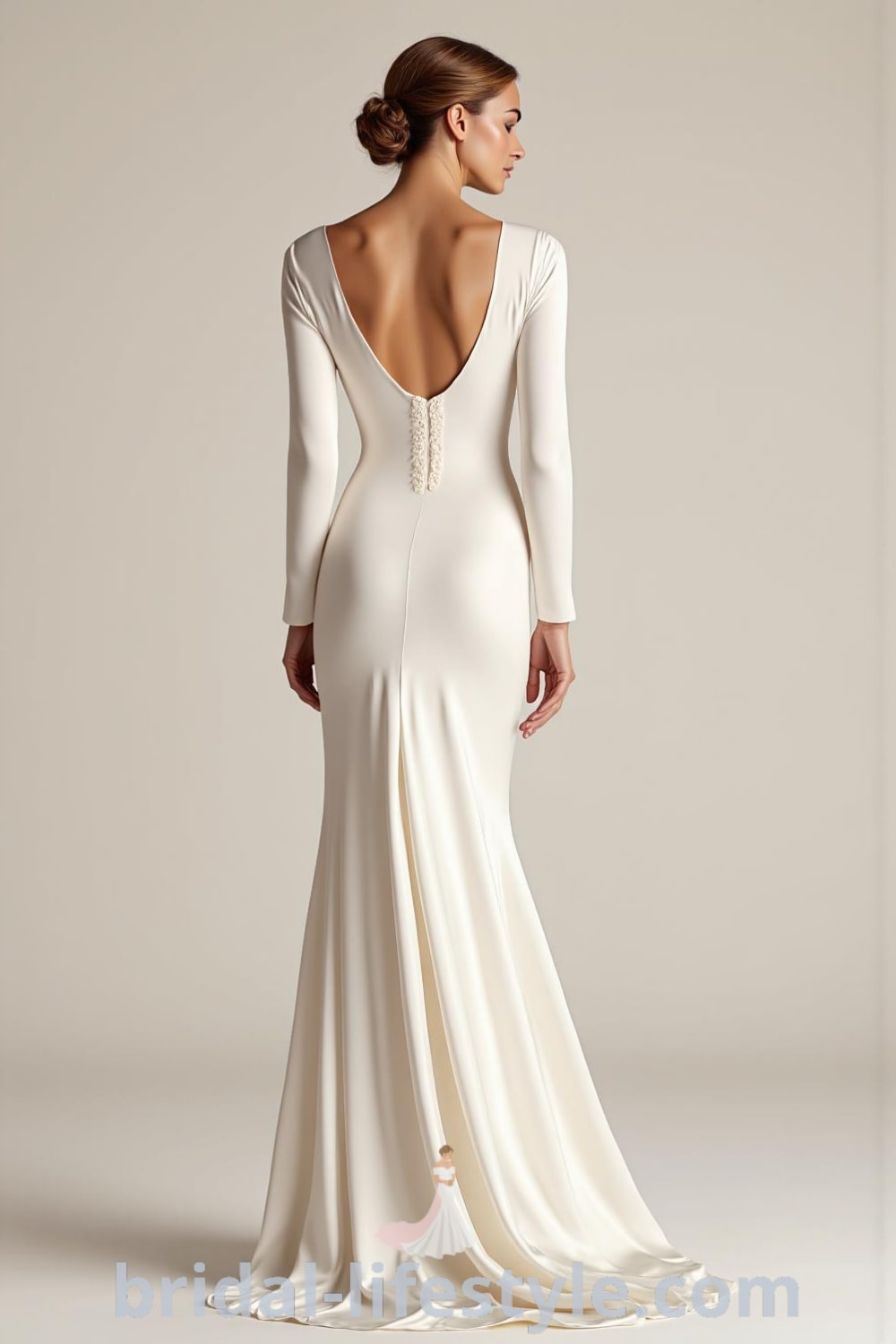 Elegant minimalist long sleeve wedding dress with satin silhouette, bateau neckline, fitted sleeves, and a row of buttons down the back. bridal-lifestyle.com