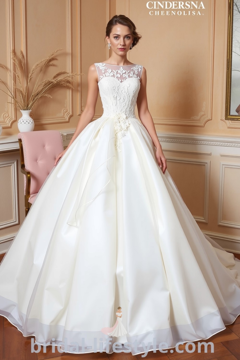 Elegant princess wedding dress featuring soft satin and tulle layers, adorned with delicate lace appliqués, creating a stunning silhouette for dreamy brides. bridal-lifestyle.com