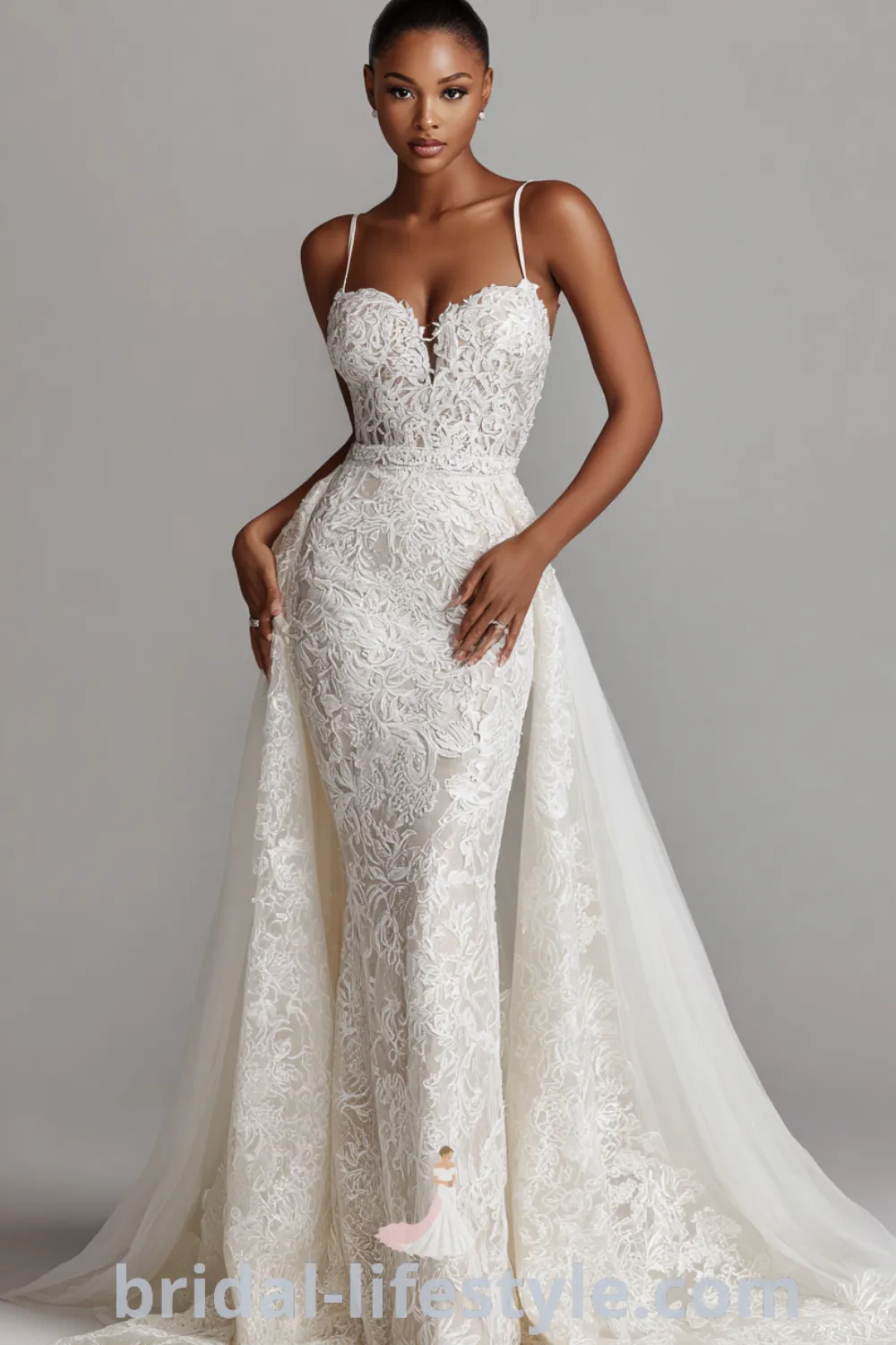 Glamorous lace mermaid gown with illusion lace bodice, detachable tulle overlay, fitted lace bridal gown, elegant lace mermaid dress.