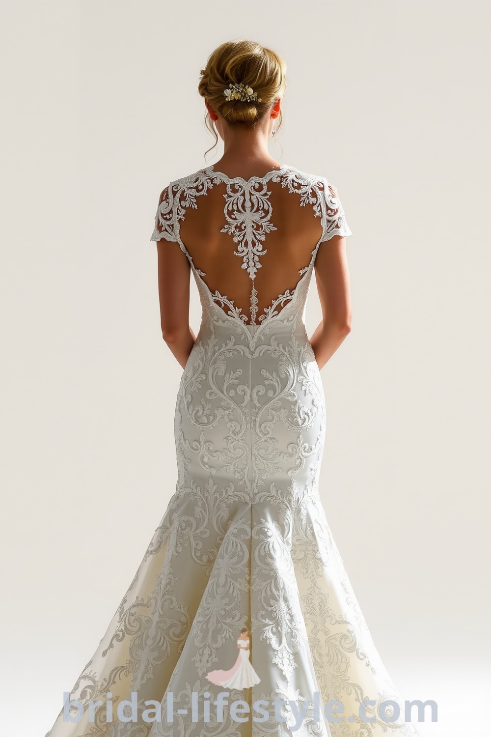 A stunning fit and flare wedding dress with a beaded lace overlay, scalloped neckline, and a graceful silhouette designed for a bride