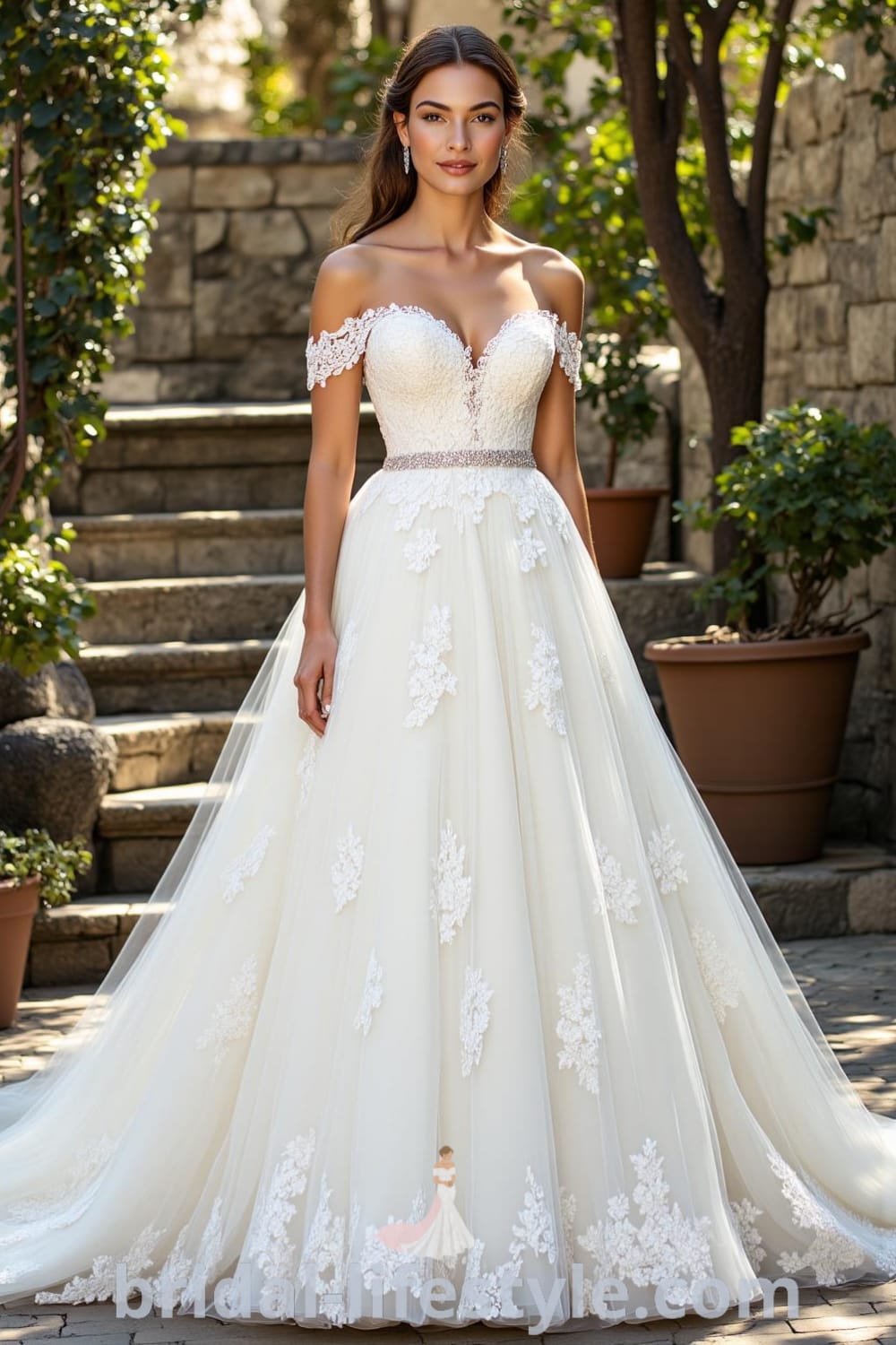 Off-the-shoulder wedding dress with a lace bodice featuring floral patterns, flowing tulle skirt, and sparkling accents at the waist. bridal-lifestyle.com