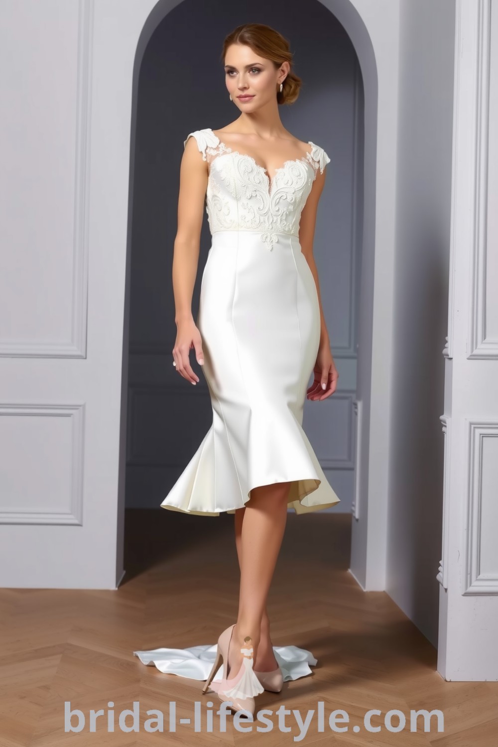 Elegant mermaid wedding dress made of luxurious satin with lace detailing on the bodice, featuring cap sleeves and a flared hem, perfect for dreamy brides. bridal-lifestyle.com