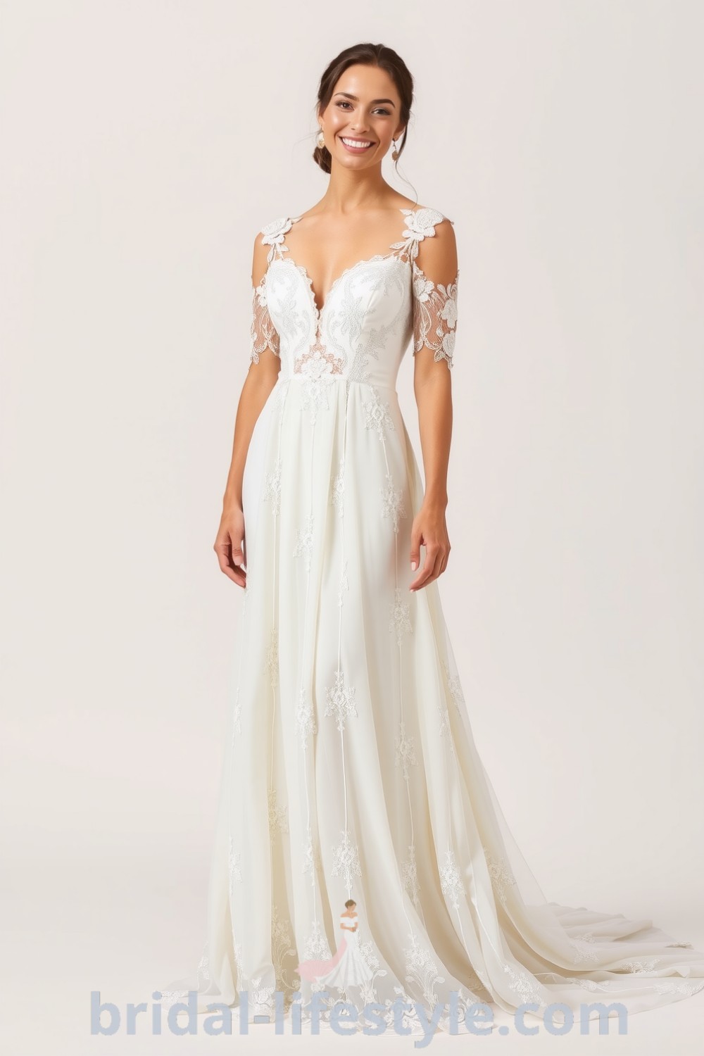 Ethereal boho lace wedding dress with off-the-shoulder neckline, flowing chiffon skirt, and floral appliqués for dreamy brides. bridal-lifestyle.com