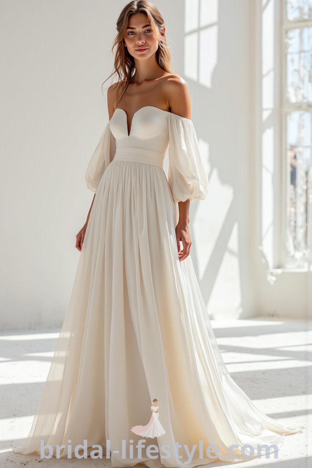Minimalist long wedding dress in satin with a high neckline, long fitted sleeves, subtle side slit, and a delicate waist sash. bridal-lifestyle.com