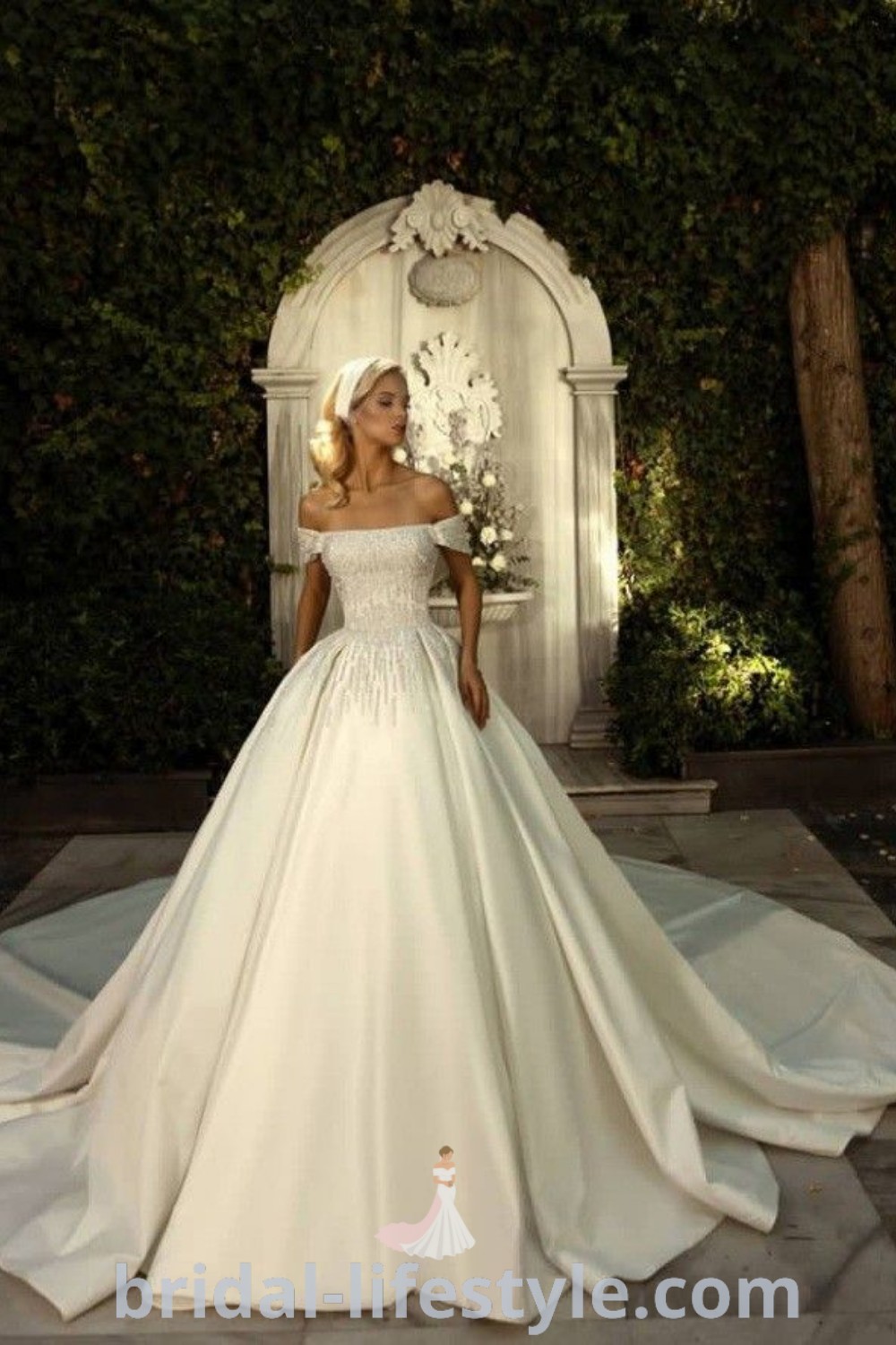 An elegant A-line wedding dress in satin, perfect for light blue wedding themes and gala outfits, designed for brides seeking dreamy wedding dresses. Explore the best wedding trends and aesthetic ideas at bridal-lifestyle.com.