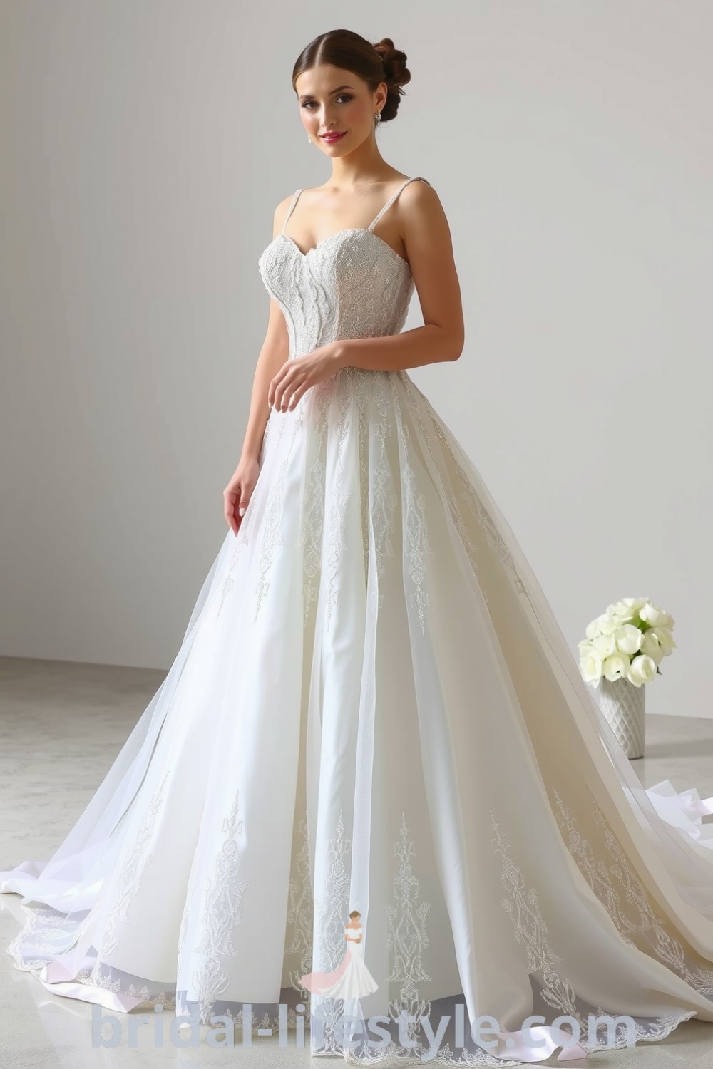 Enchanting princess wedding dress with layers of sparkling tulle, soft satin, sweetheart neckline, cinched waist, and flowing skirt, embodying romantic elegance for dreamy brides. bridal-lifestyle.com