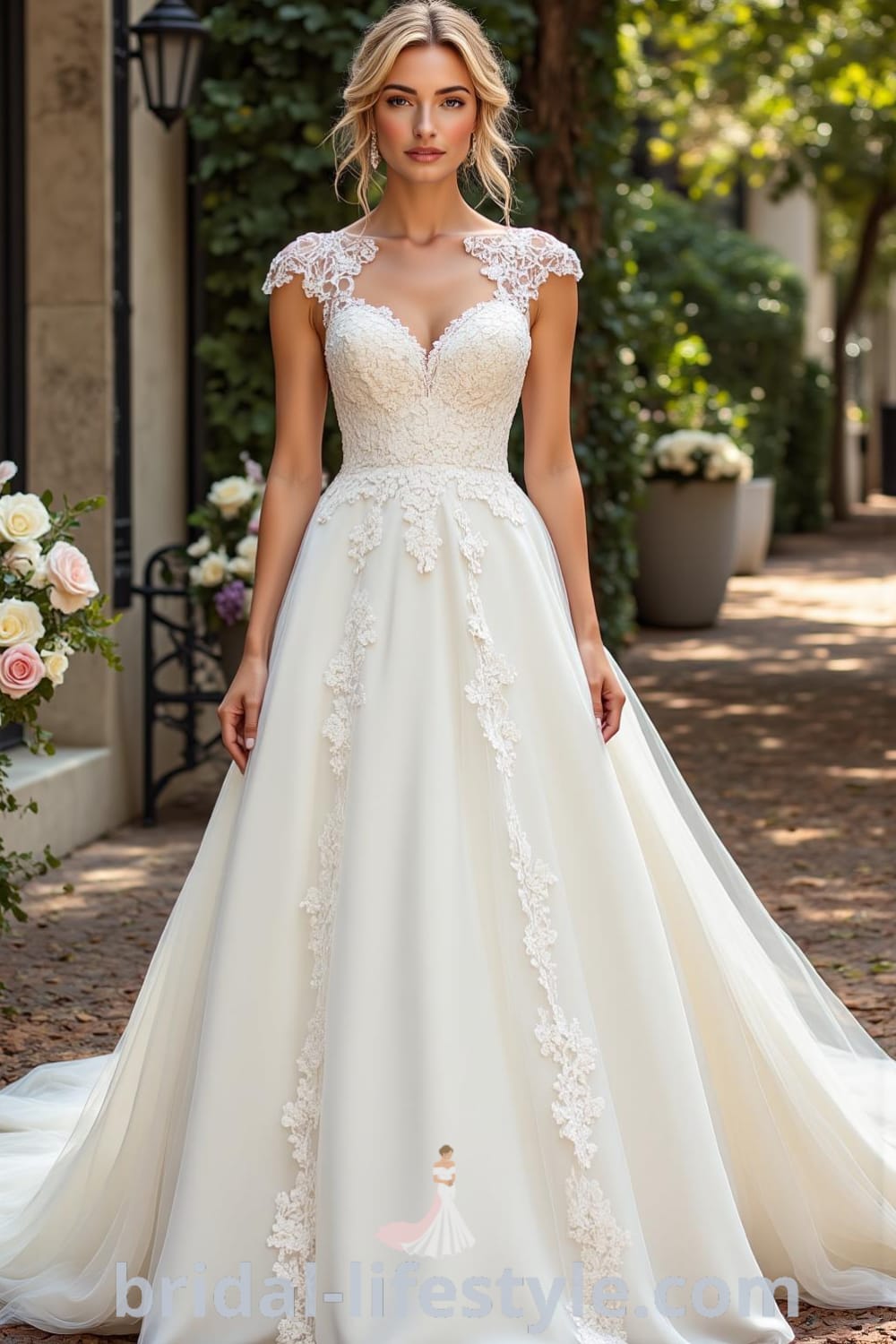 A-line wedding dress adorned with floral lace appliqués, soft tulle skirt, cap sleeves, and sweetheart neckline, perfect for outdoor ceremonies. bridal-lifestyle.com