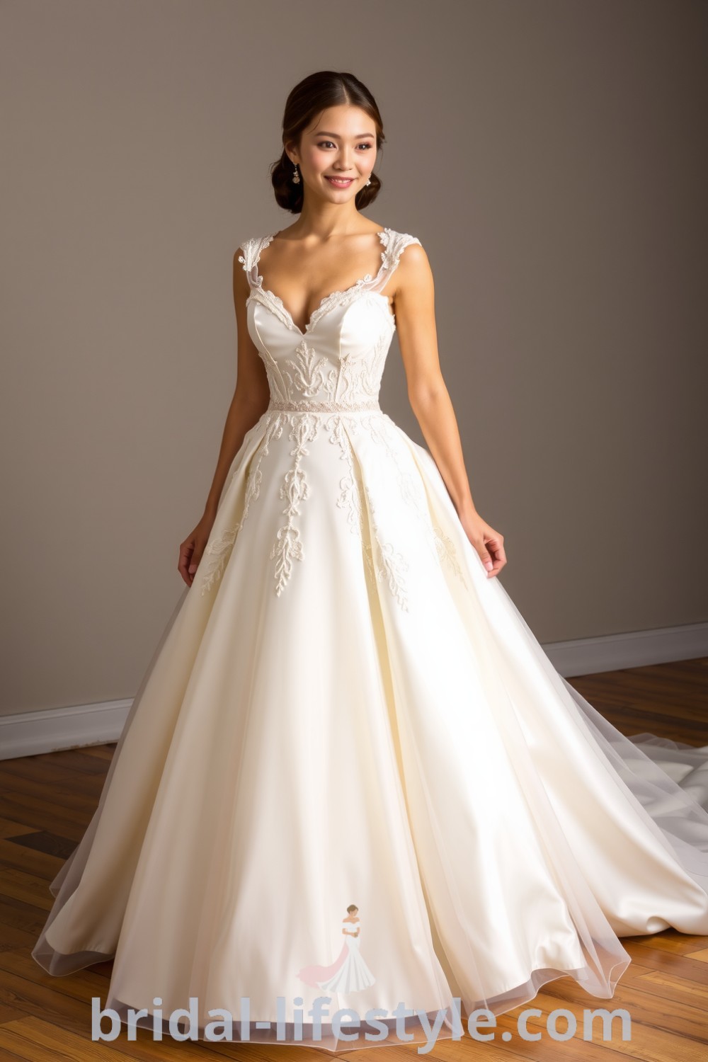 Elegant wedding dress with a fitted bodice, intricate lace detailing, sweetheart neckline, and a voluminous satin skirt with tulle layers for dreamy brides. bridal-lifestyle.com