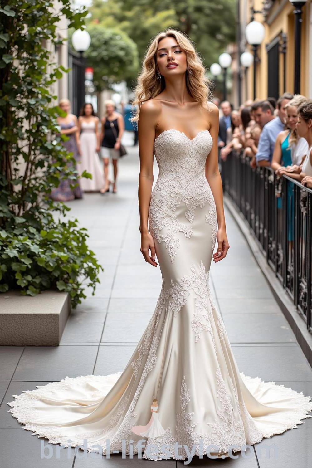 Mermaid wedding dress with a strapless neckline, luxurious satin fabric, and an exquisite train embellished with lace appliqués. bridal-lifestyle.com