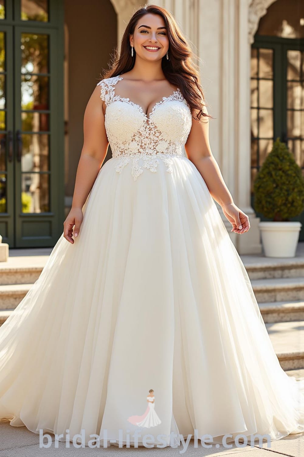 A-line wedding dress for plus-size bride made from luxurious satin, featuring an embroidered lace bodice, capped sleeves, and a flowing skirt. bridal-lifestyle.com