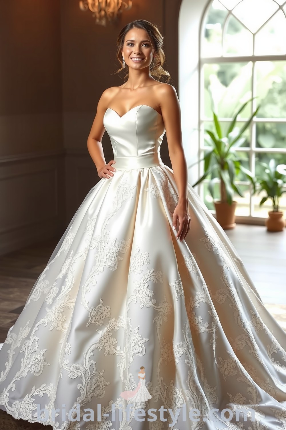 Elegant wedding dress with luxurious satin bodice, voluminous skirt featuring lace appliqués, and sweetheart neckline. Perfect for dreamy brides seeking inspiration for the special day. bridal-lifestyle.com