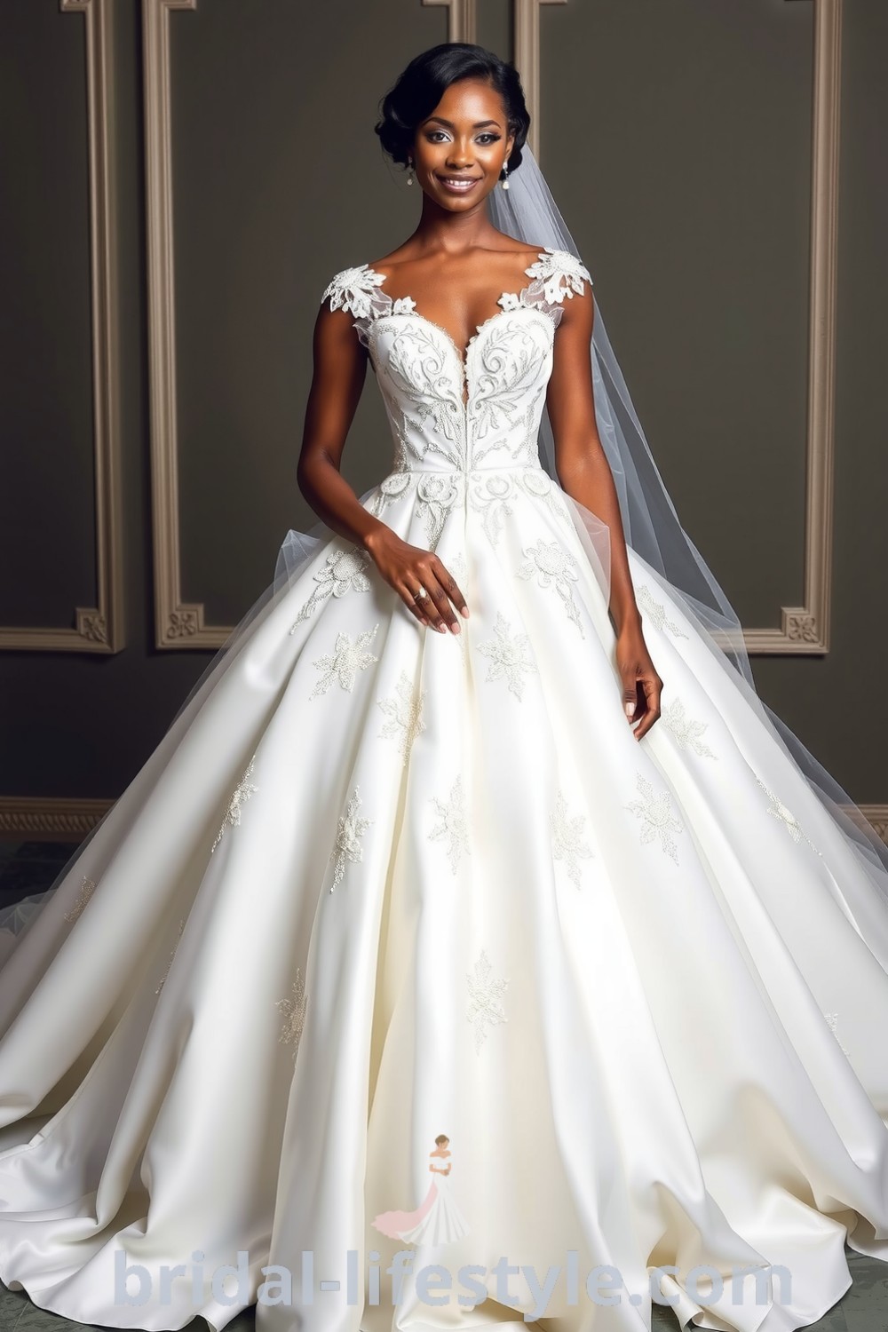 A radiant Black bride in an elegant princess ballgown crafted from soft satin and tulle with a fitted lace bodice and voluminous skirt, featuring shimmering embellishments. bridal-lifestyle.com