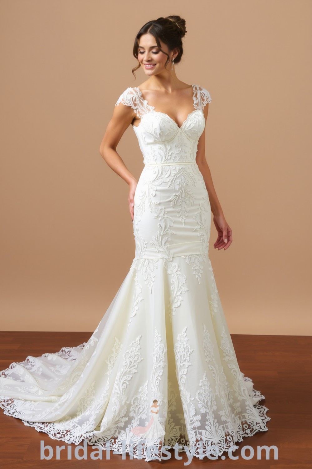 A stunning fit and flare wedding dress adorned with beaded lace, a sweetheart neckline, and a flowing train, showcasing vintage-inspired elegance. bridal-lifestyle.com