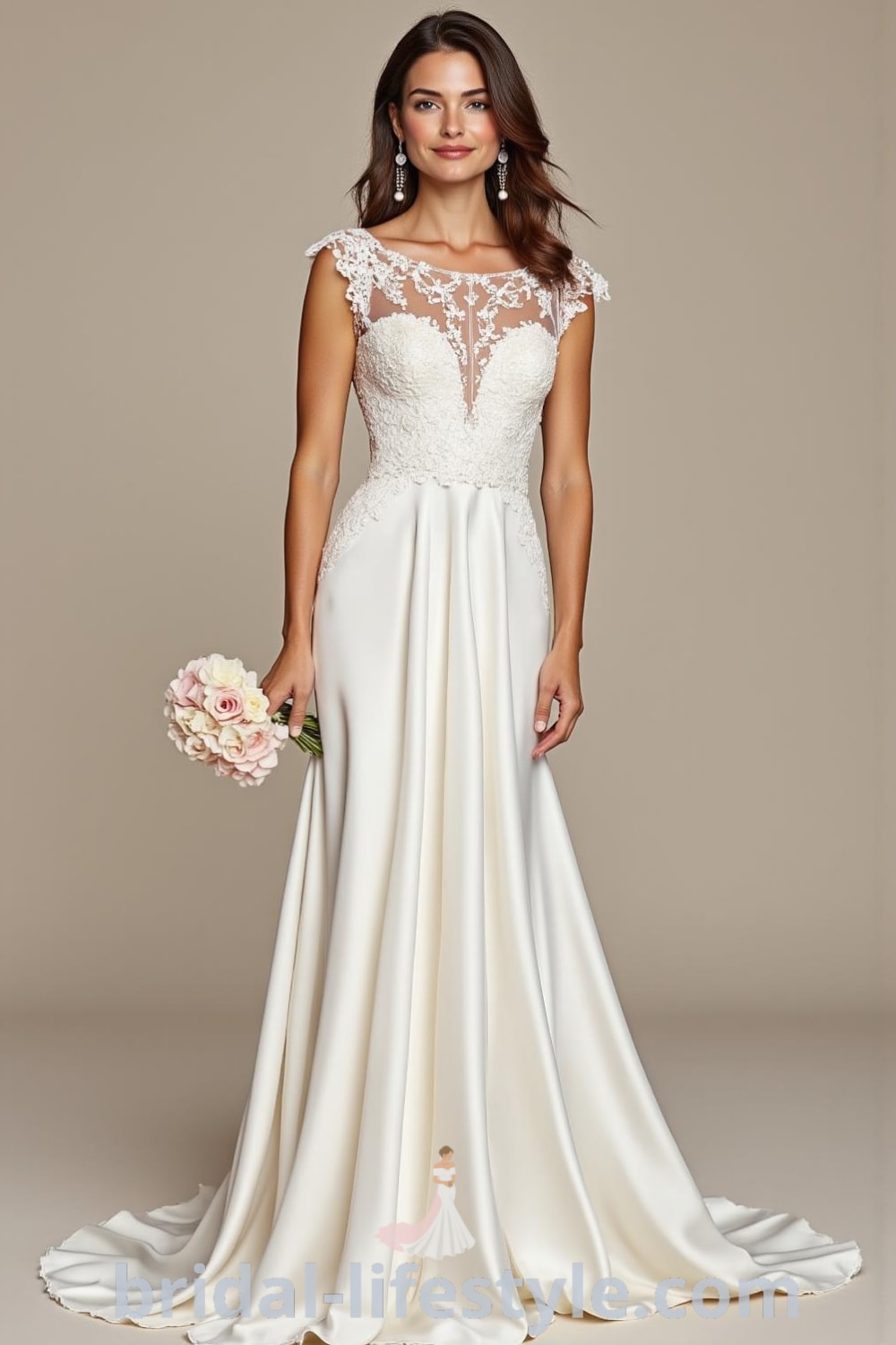 A-line wedding dress with cap sleeves, whimsical lace overlay, soft satin skirt, floral appliqués, and scoop back with button detailing. bridal-lifestyle.com