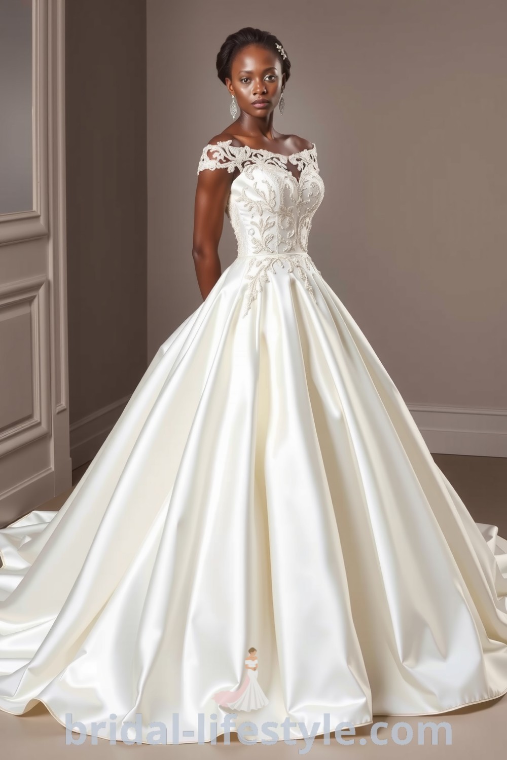 A beautiful Black bride wearing an elegant satin ballgown with a voluminous skirt, intricate lace appliqués, and delicate beaded detailing on the neckline, radiating grace and sophistication. bridal-lifestyle.com