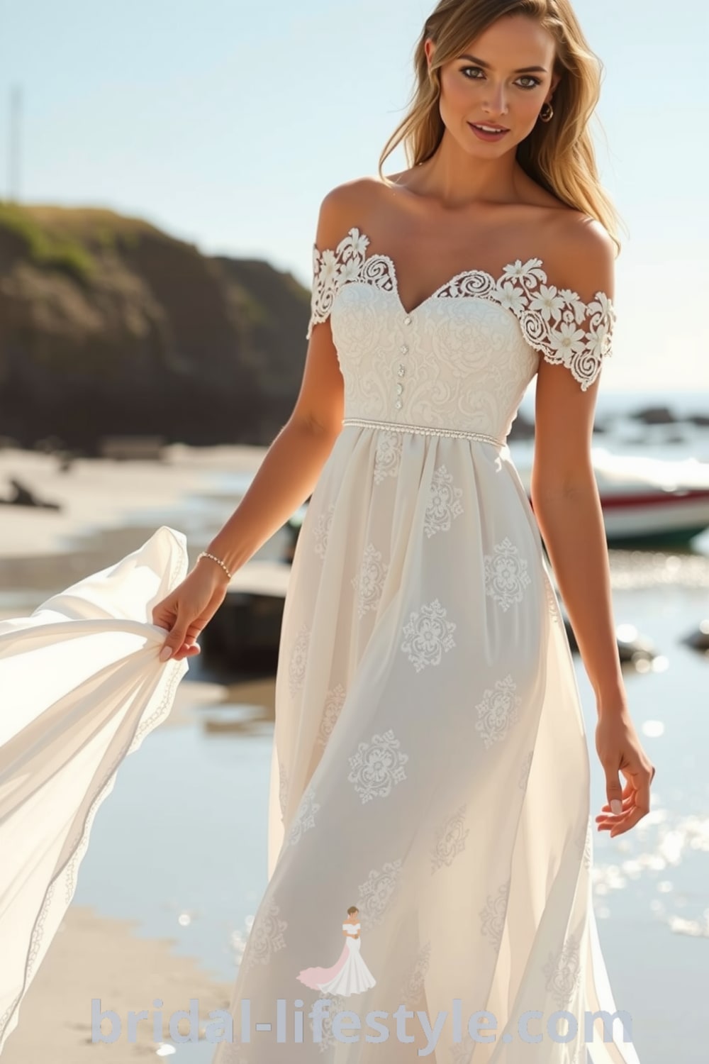 A stunning boho beach wedding dress featuring off-the-shoulder sleeves, a flowing A-line skirt, and intricate floral appliqués on the bodice, designed for a romantic seaside ceremony. bridal-lifestyle.com