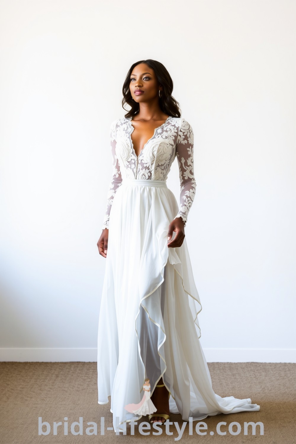 A beautiful Black bride wearing an elegant boho two-piece wedding dress with a lace top, long sleeves, and a flowing chiffon skirt. bridal-lifestyle.com