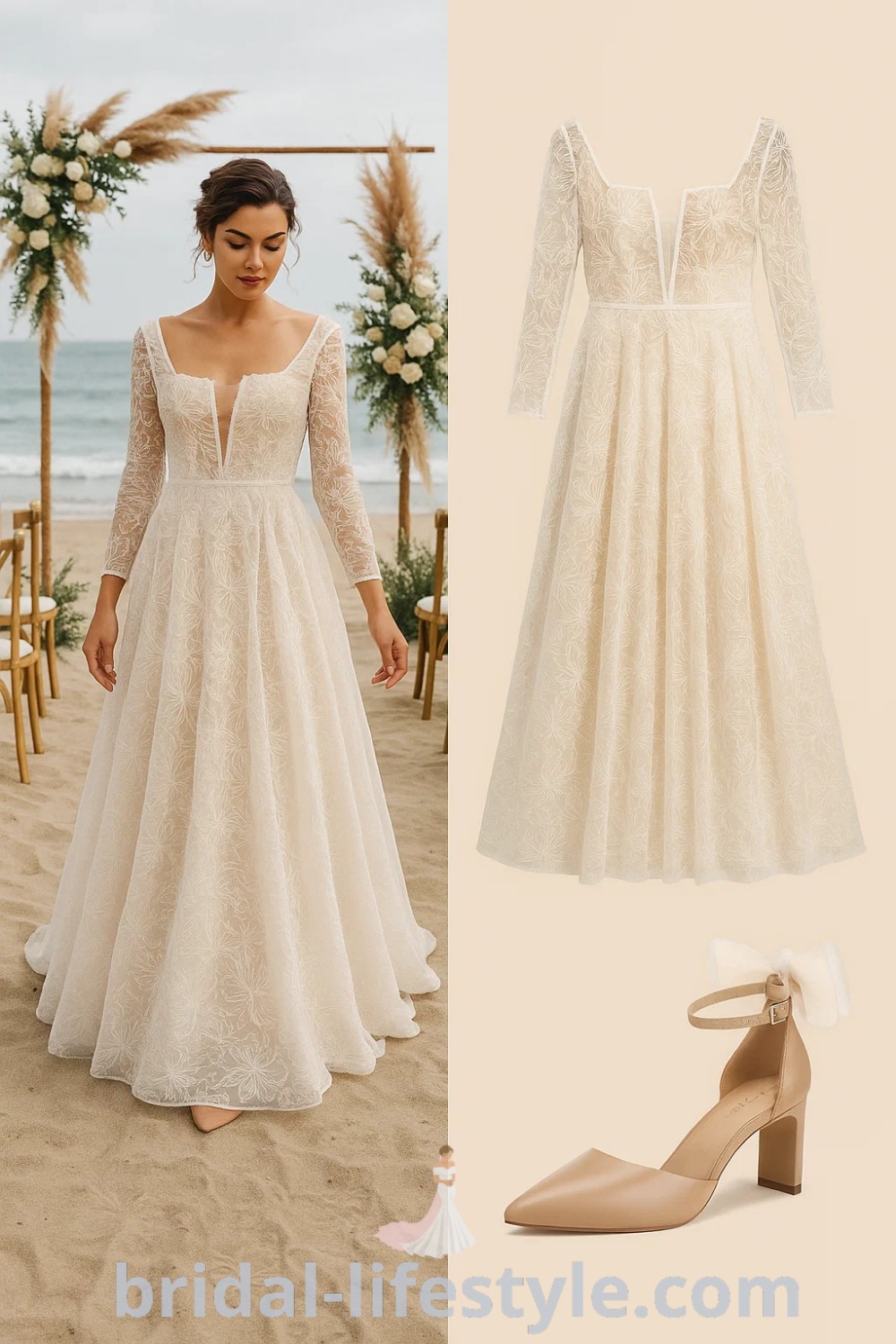 ivory long-sleeve lace wedding dress with A-line silhouette and nude pointed toe heels from pinshoesoutfits.com, perfect for boho weddings, formal events, or beach gatherings.