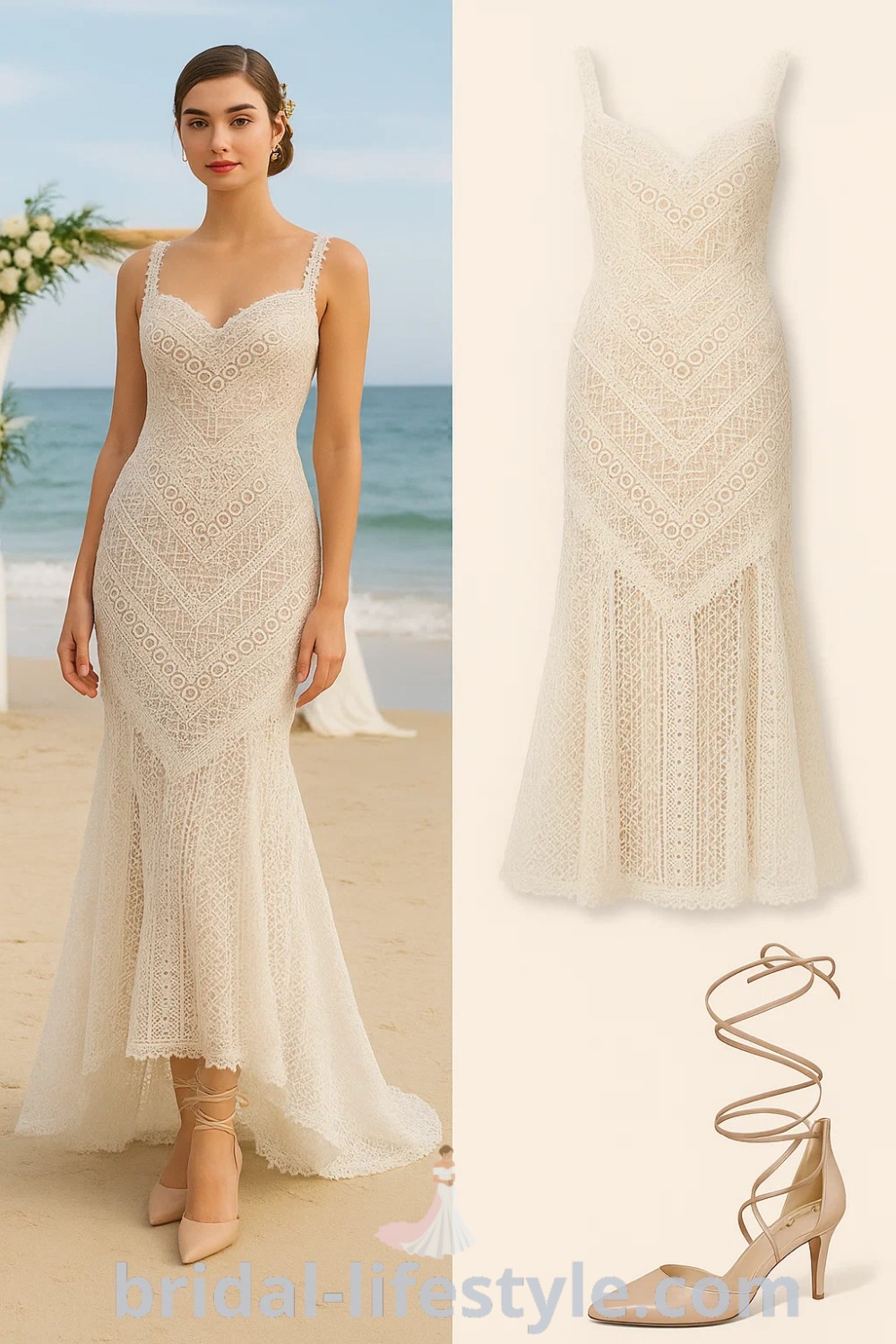 off-white lace boho wedding dress with fitted bodice and flared hem, paired with strappy nude heels, ideal for beach weddings and summer ceremonies, featured on pinshoesoutfits.com