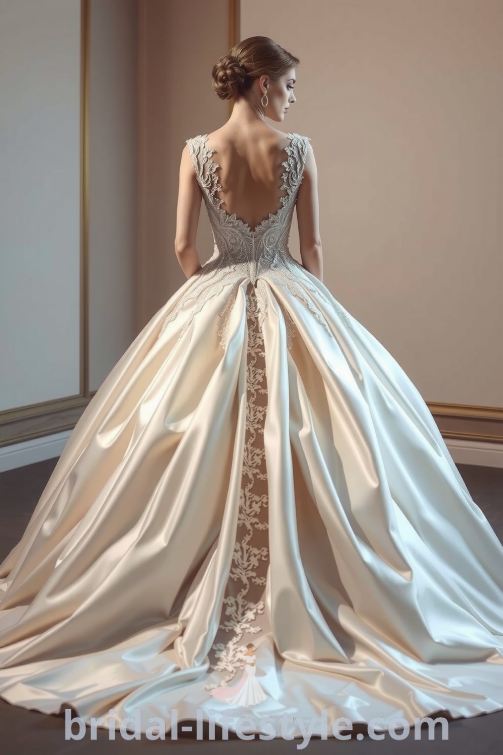 Romantic princess ballgown in luxurious satin with lace appliqués, voluminous skirt, and flowing train, perfect for dreamy brides. bridal-lifestyle.com