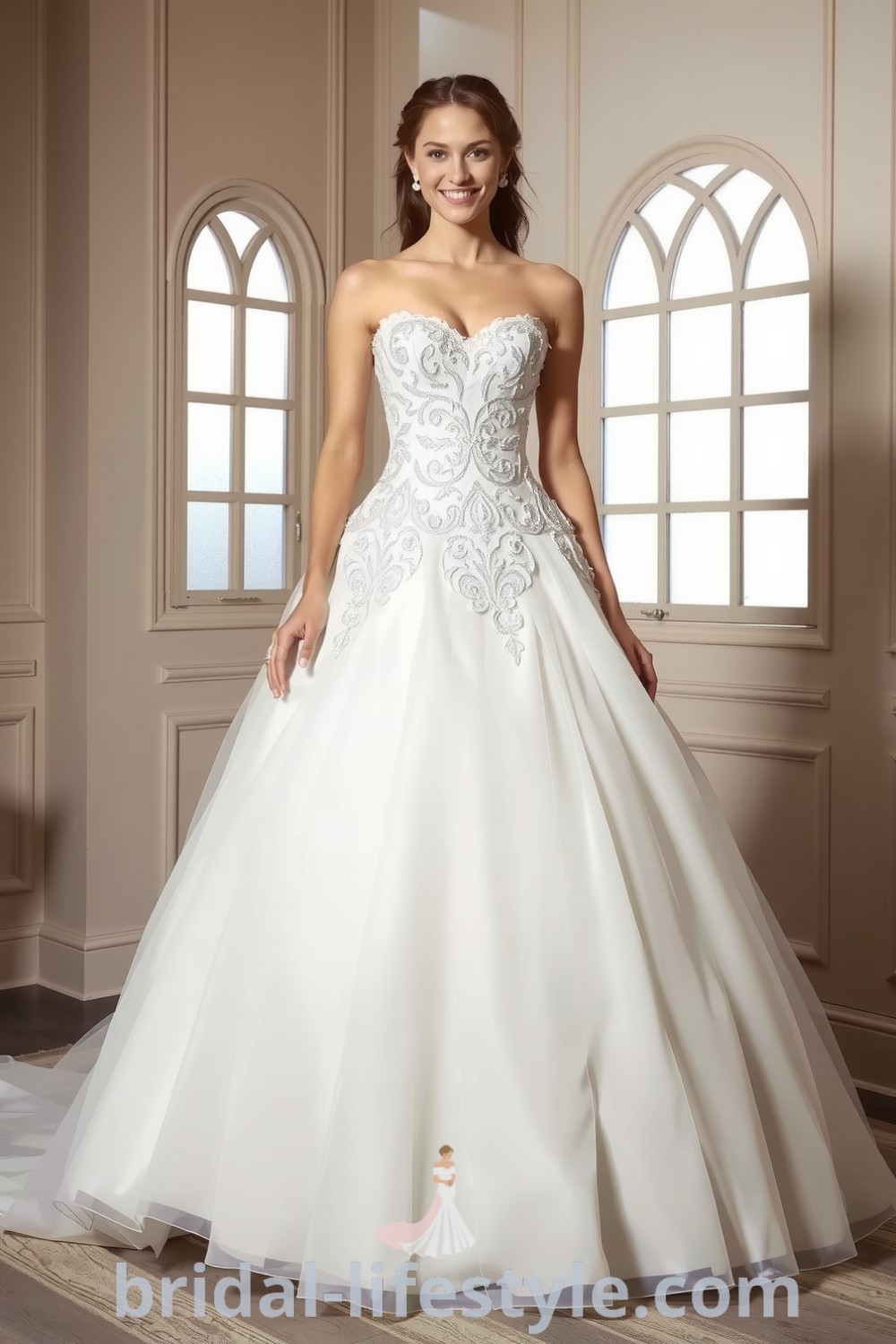 Enchanting wedding dress with shimmering tulle, soft satin, intricate lace appliqués, full skirt, and sweetheart neckline, perfect for dreamy brides. bridal-lifestyle.com