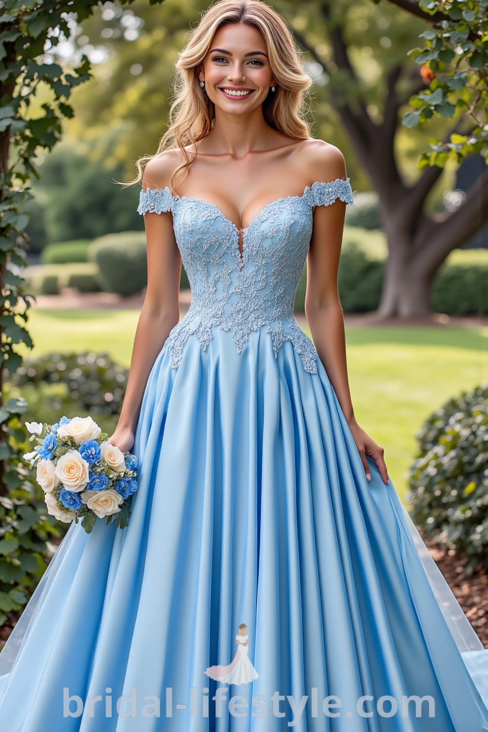 A-line wedding dress in Princess Blue with floral embroidery, soft chiffon skirt, and delicate cap sleeves, ideal for a garden ceremony. bridal-lifestyle.com