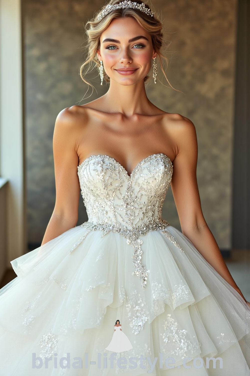 A stunning Princess Glitter wedding dress with a fitted sequined bodice and a full layered tulle skirt, designed for a magical fairytale wedding. bridal-lifestyle.com
