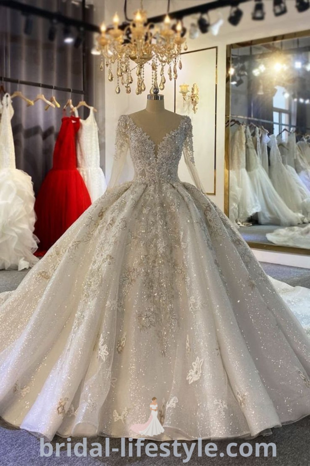 An elegant wedding dress displayed at a bridal shop, showcasing sparkling details and surrounded by other gowns. The perfect inspiration for brides seeking the best aesthetic ideas and trends, featuring accessories like rose gold and gold bridal hair pieces for a romantic touch. Discover more at bridal-lifestyle.com.
