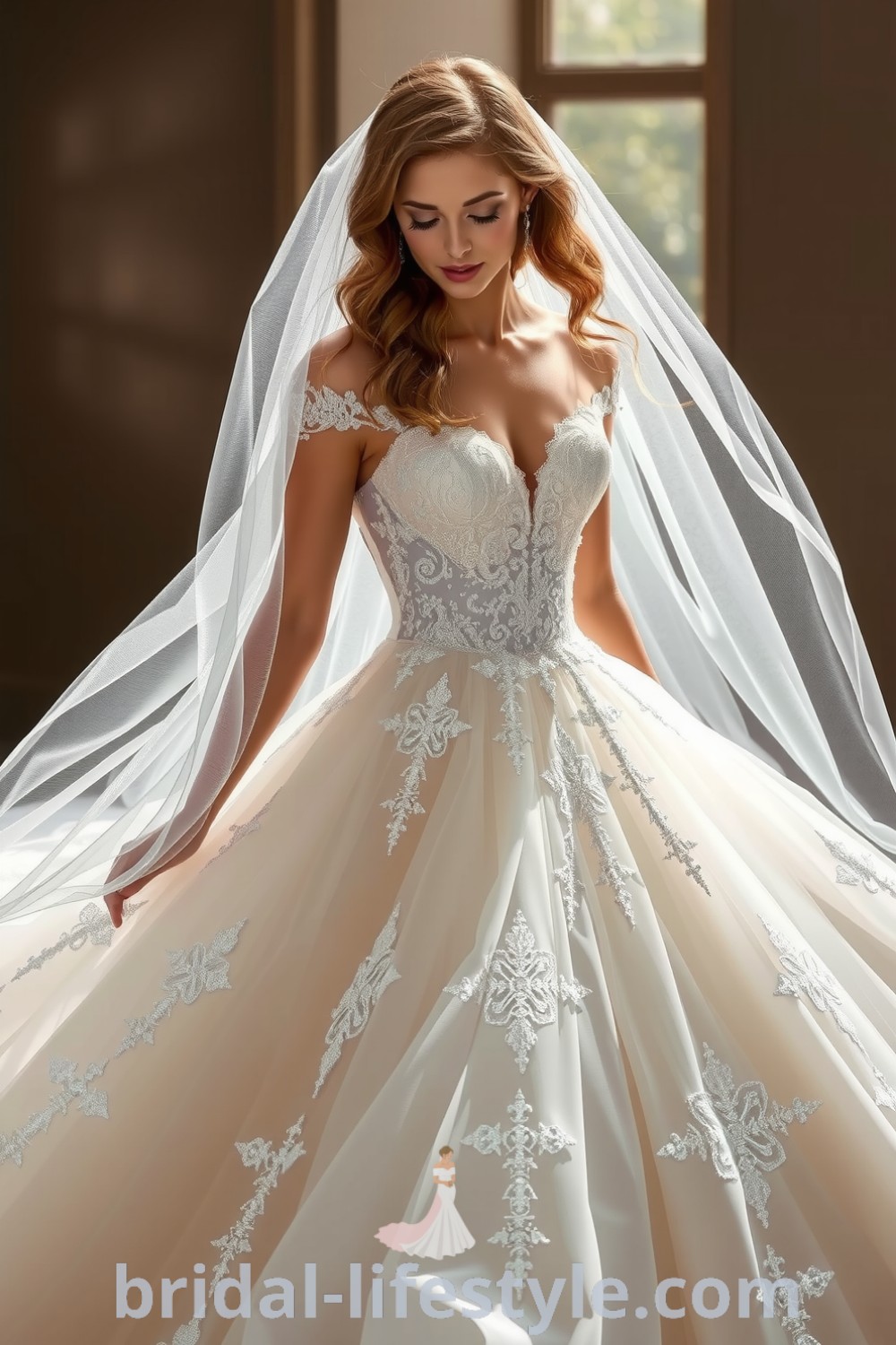 Enchanting tulle glitter wedding dress with sweetheart neckline, fitted bodice adorned with lace appliqués, and a voluminous skirt. Perfect for dreamy brides seeking elegant inspiration for their special day. bridal-lifestyle.com