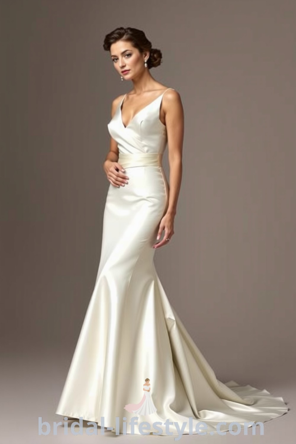 Elegant mermaid wedding dress in satin that hugs the curves, featuring a soft sheen and a subtle train, ideal for dreamy brides. bridal-lifestyle.com