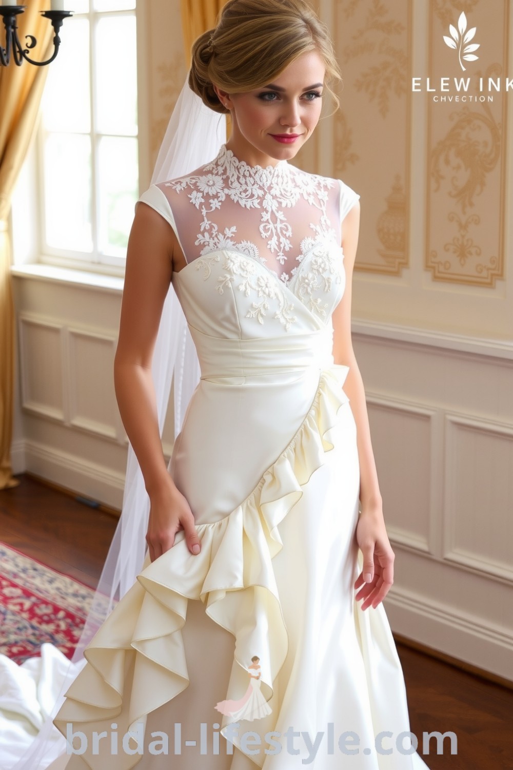 Vintage Victorian wedding dress in soft ivory satin with lace overlay, floral embroidery, and cascading ruffles for a timeless silhouette. bridal-lifestyle.com