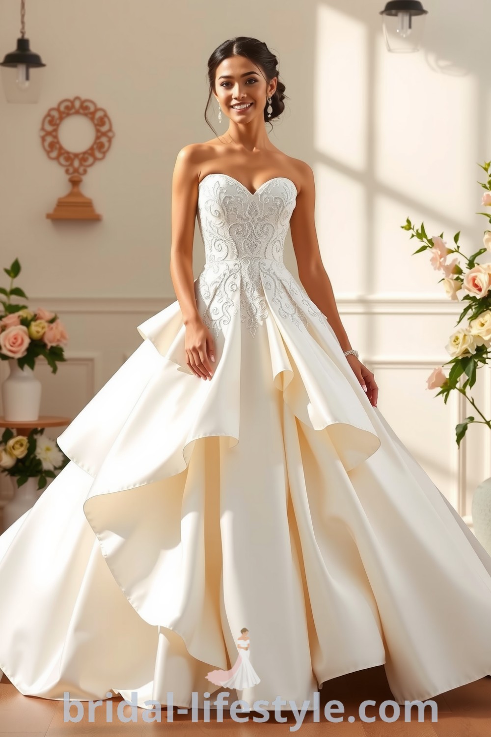 Elegant ballgown for a Latina bride featuring luxurious satin fabric, lace appliqués, a voluminous skirt, and a sweetheart neckline, offering dreamy inspiration for every bride