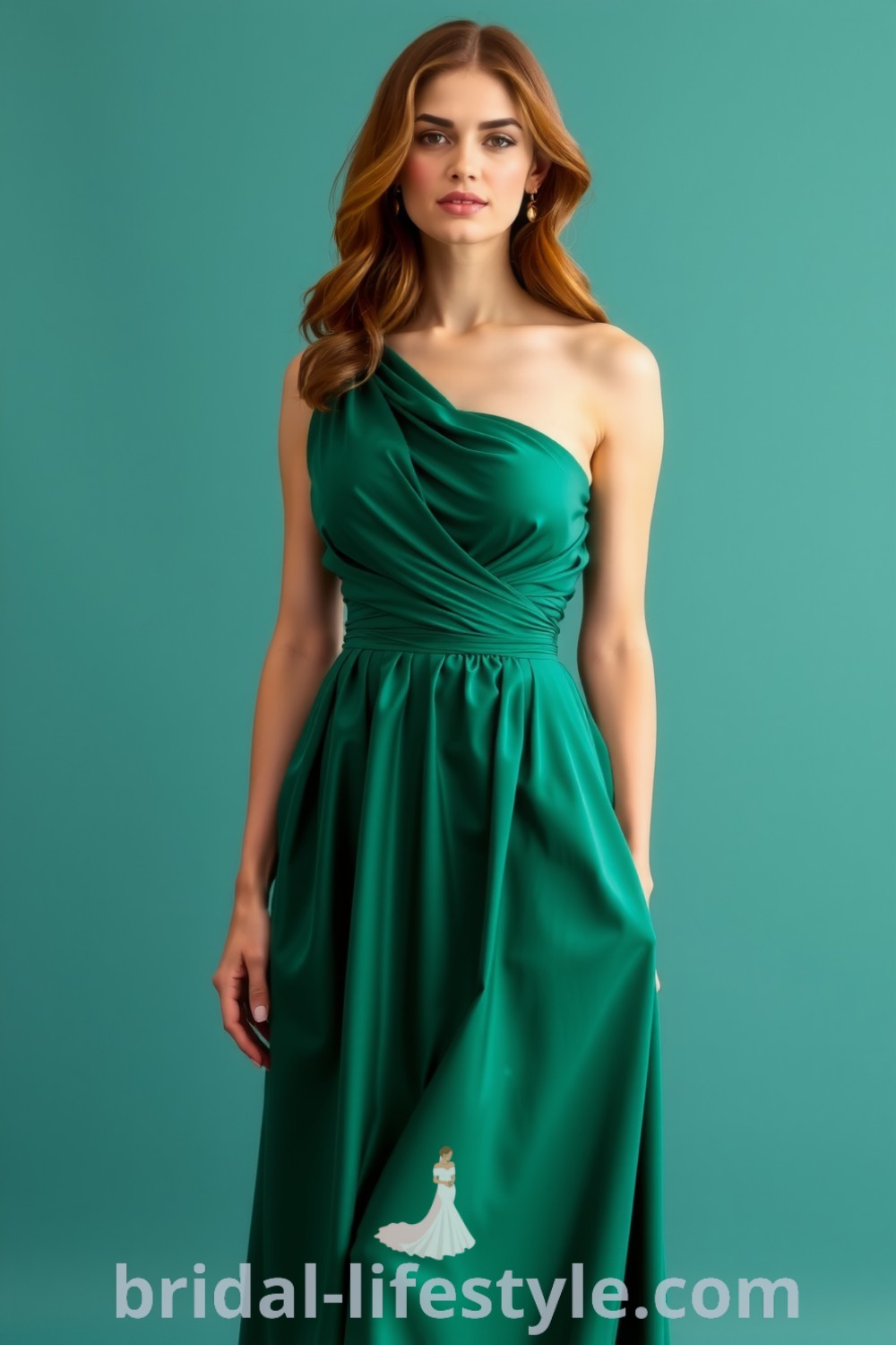 One-shoulder emerald bridesmaid dress in luxurious satin with an asymmetrical neckline, gentle ruching at the waist, and a flowing A-line skirt, embodying elegance and style for every bride