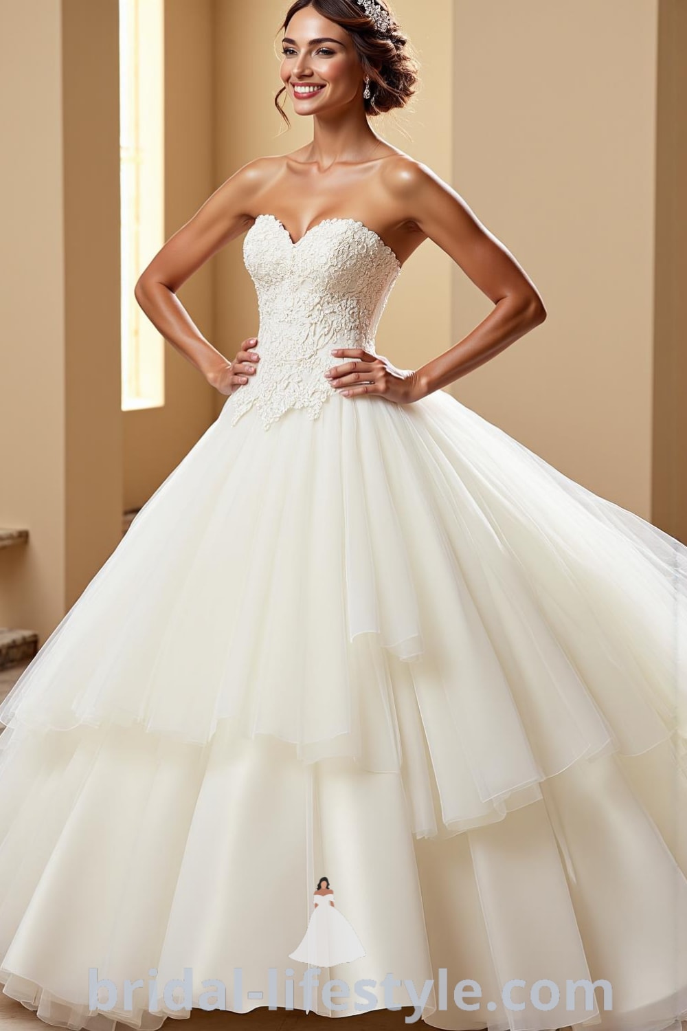 Princess ballgown with layers of delicate tulle, fitted bodice, intricate lace appliqués on the sweetheart neckline, and a shimmering satin underlayer, creating an ethereal look. bridal-lifestyle.com