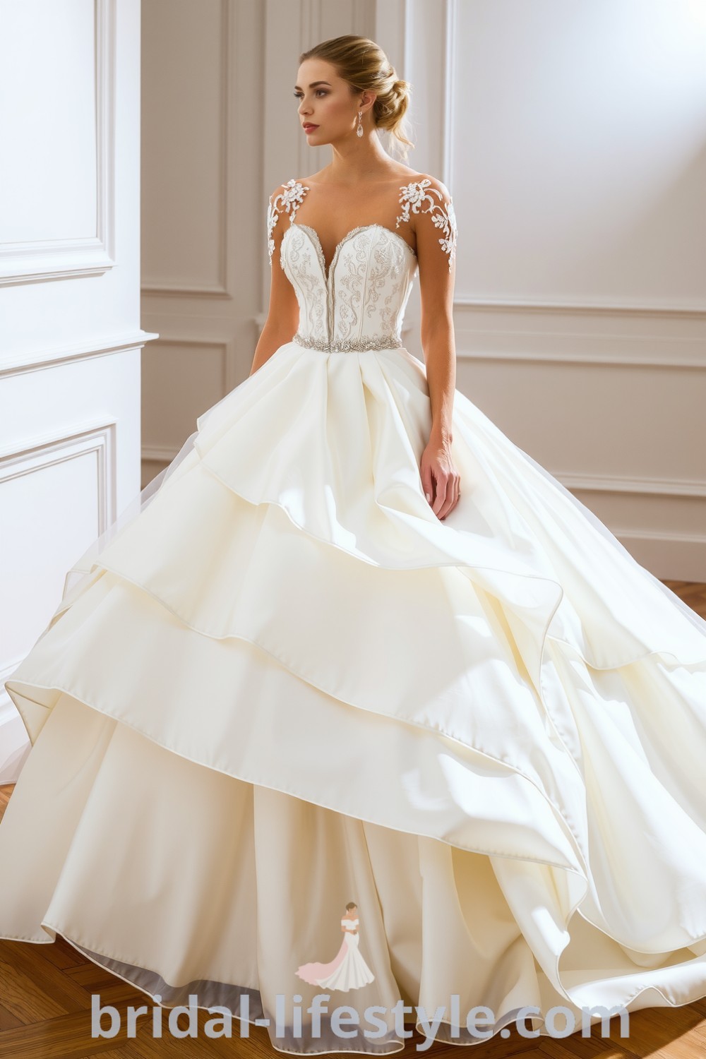 Princess ballgown featuring layers of organza and silk satin, adorned with lace appliqués at the sweetheart neckline, perfect for a romantic bridal look on the special day. bridal-lifestyle.com