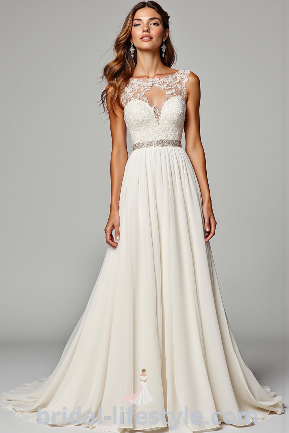 A-line wedding dress with boat neck, floral lace appliqués on the bodice, flowing chiffon skirt, and delicate cap sleeves. bridal-lifestyle.com
