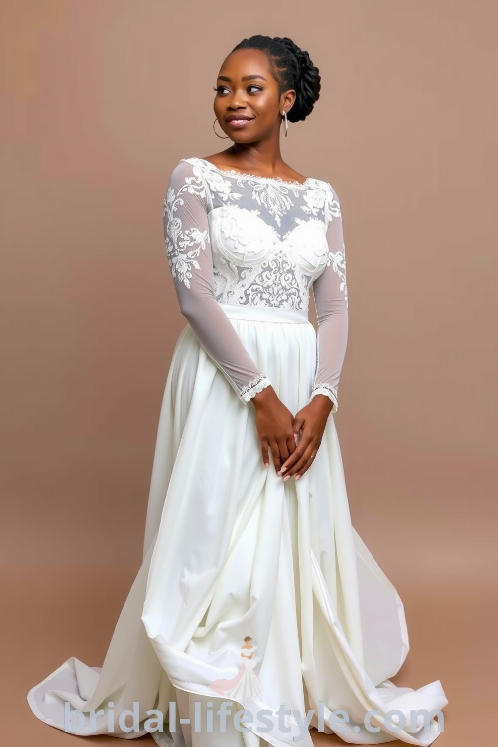 A beautiful bride of African descent wearing a boho two-piece wedding dress with a lace top and flowing chiffon skirt, ideal for a romantic outdoor ceremony. bridal-lifestyle.com