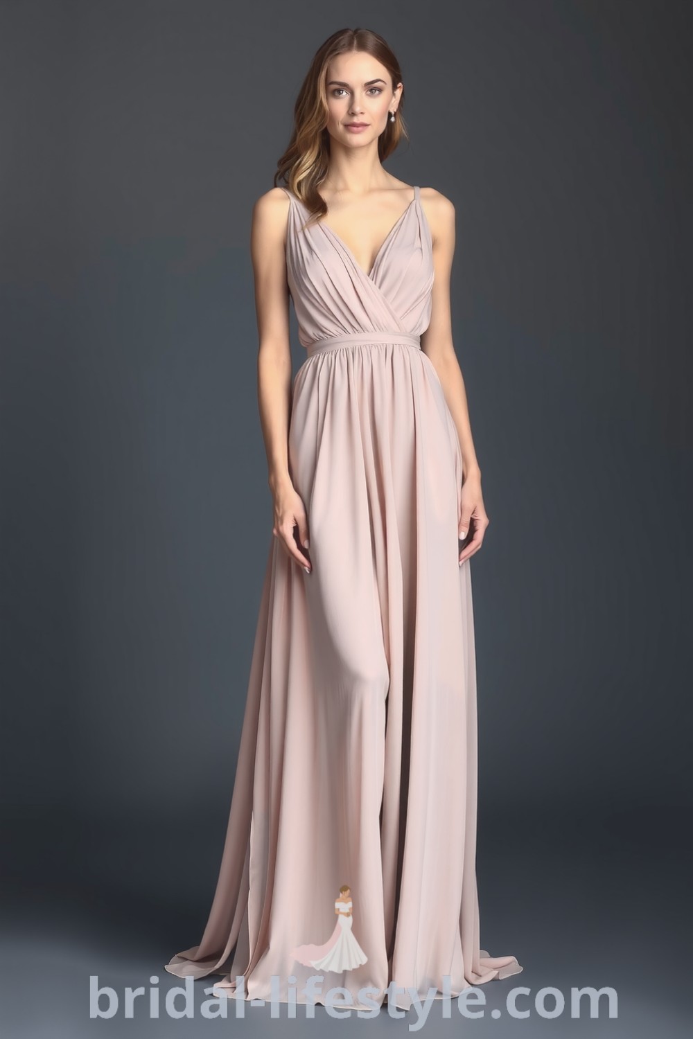 Stunning long chiffon A-line bridesmaid dress featured on bridal-lifestyle.com, showcasing elegant pleats and a V-neckline, perfect for dreamy brides and inspiration looks for the special day.