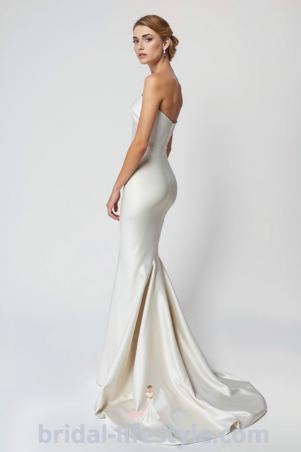 Mermaid wedding gown in luxurious satin with a fitted silhouette, flare below the knee, and delicate princess seams, embodying elegance for dreamy brides. bridal-lifestyle.com