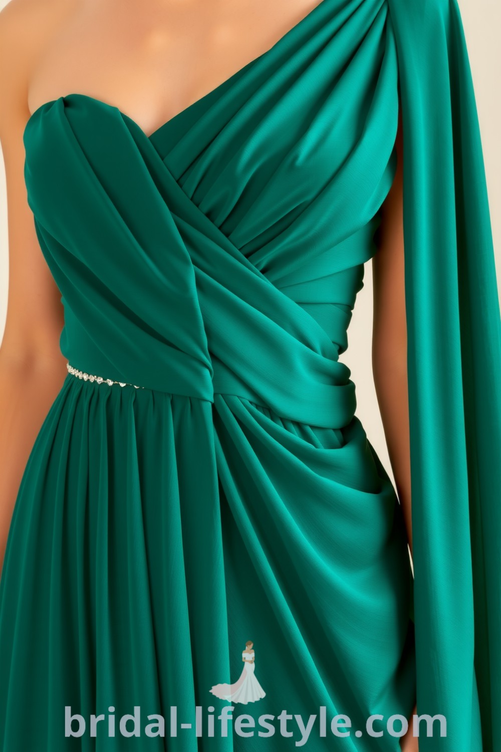 Elegant one shoulder bridesmaid dress in flowing chiffon, emerald green fabric with intricate pleats, and subtle beadwork, perfect for an elegant celebration. bridal-lifestyle.com