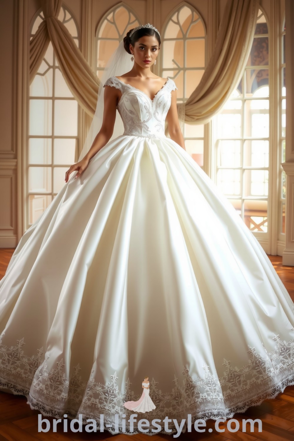Elegant princess wedding dress with intricate lace detailing, voluminous satin skirt, and delicate embroidery, perfect for dreamy brides seeking the best aesthetic ideas for their special day. bridal-lifestyle.com