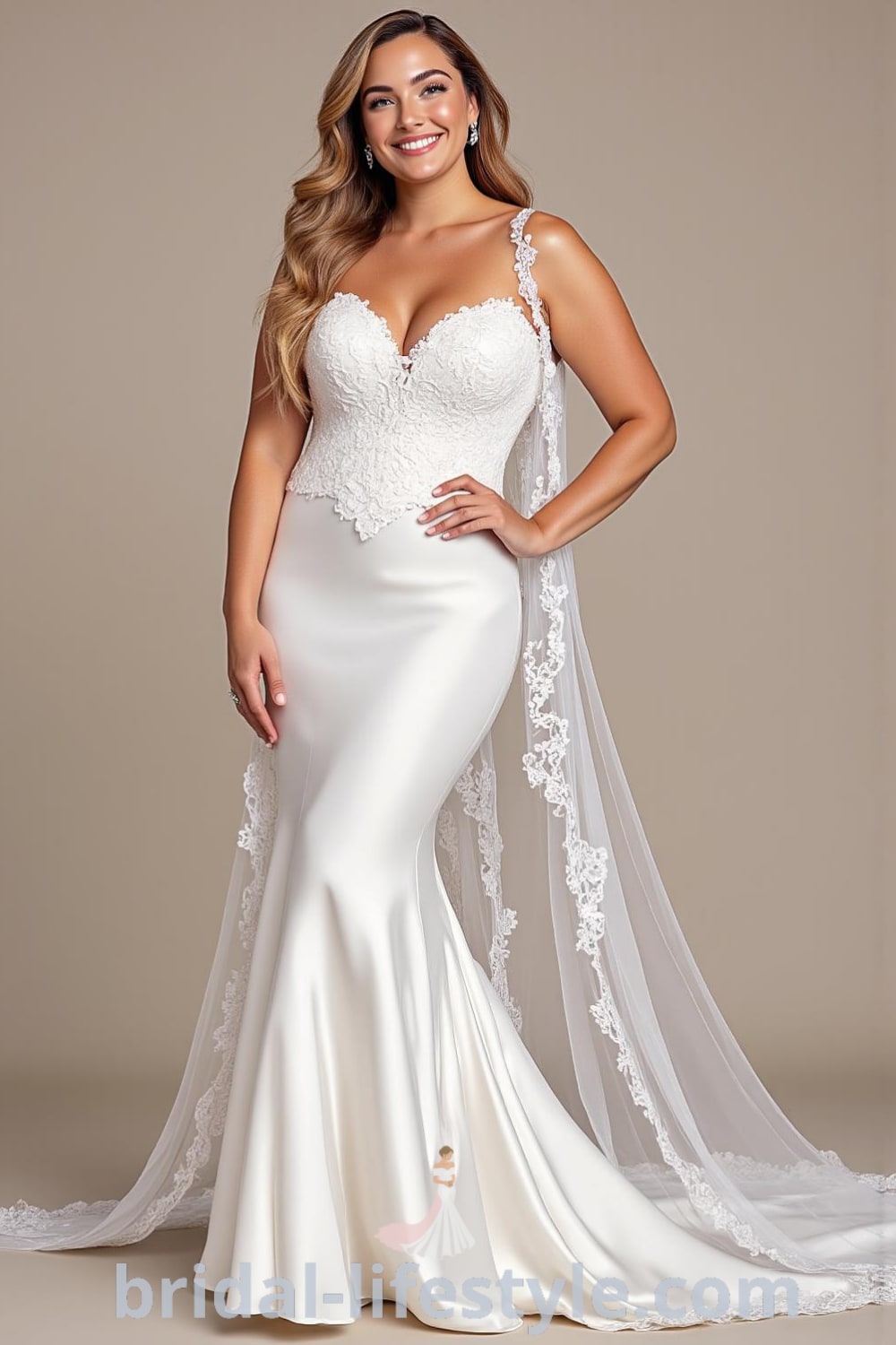 Mermaid wedding dress with satin fabric, lace appliqués, sweetheart neckline, and detachable train, showcasing an elegant silhouette. bridal-lifestyle.com