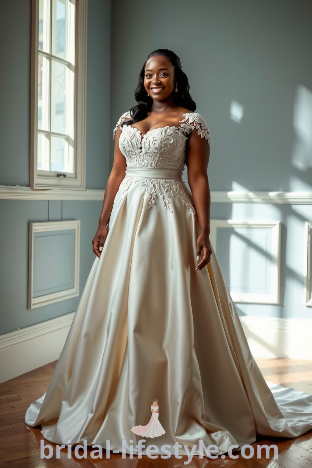 A stunning A-Line plus-size wedding dress made of soft satin, featuring intricate lace overlays, a sweetheart neckline, and a flowing skirt, designed for a beautiful Black bride. bridal-lifestyle.com