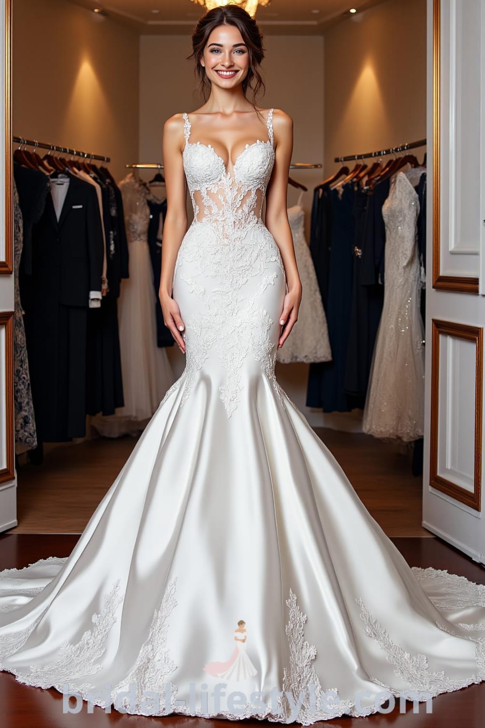 Mermaid wedding dress with intricate lace details, satin underlay, sweetheart neckline, and a dramatic train. bridal-lifestyle.com
