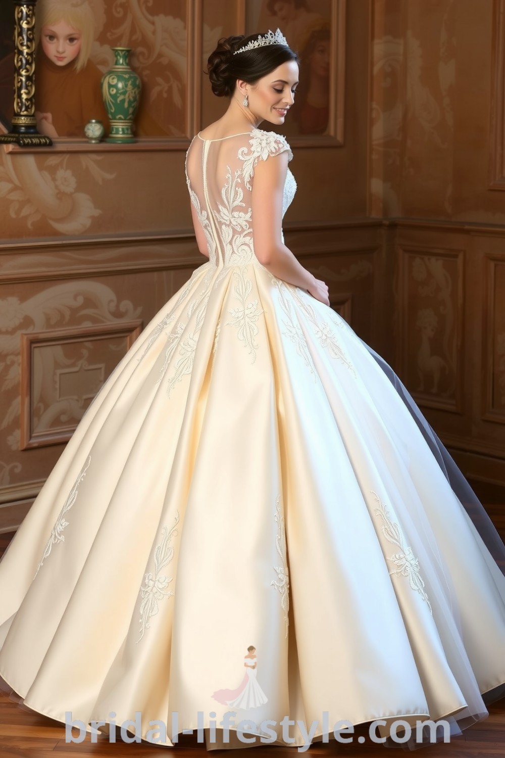 Elegant satin princess ballgown with fitted bodice, intricate lace appliqués, voluminous skirt, and delicate tulle layers for dreamy brides. bridal-lifestyle.com