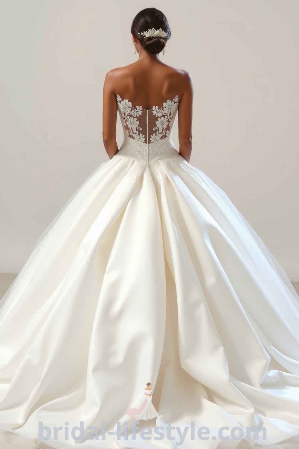 A stunning princess ballgown featuring luxurious satin and tulle, intricate lace appliqués, and a dramatic train, perfect for dreamy brides looking for elegant wedding inspiration. bridal-lifestyle.com