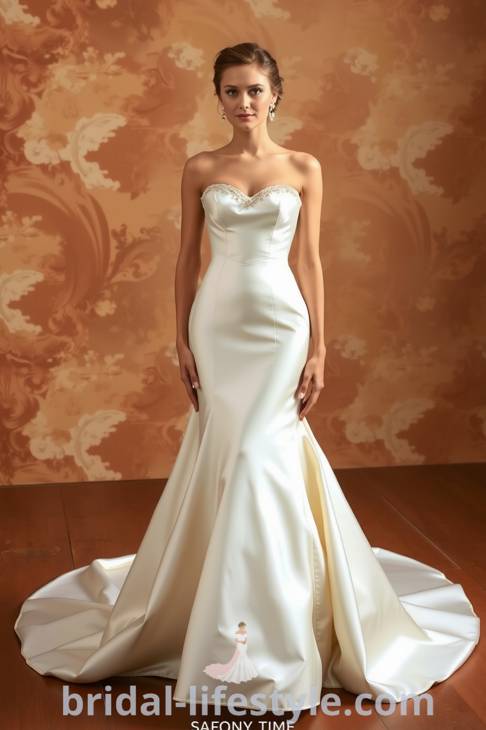 Elegant fit and flare satin wedding dress with a sweetheart neckline and flared skirt, adorned with delicate embellishments for a romantic look. bridal-lifestyle.com