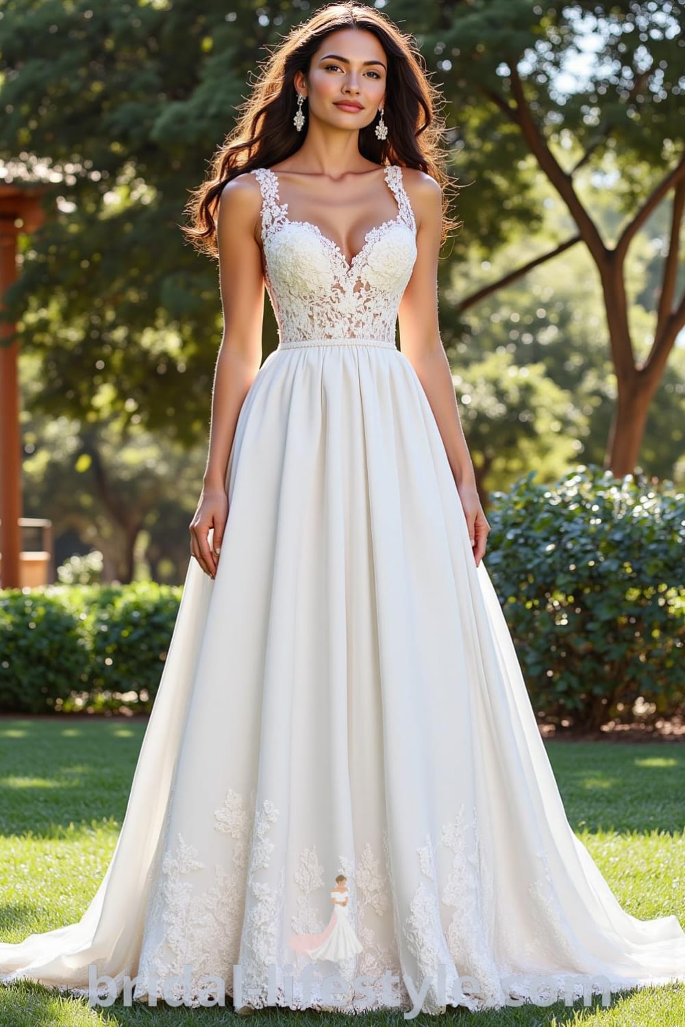 A-line bridal gown with a delicate lace bodice, flowing satin skirt, sophisticated V-neckline, and intricate floral appliqués at the hem. bridal-lifestyle.com