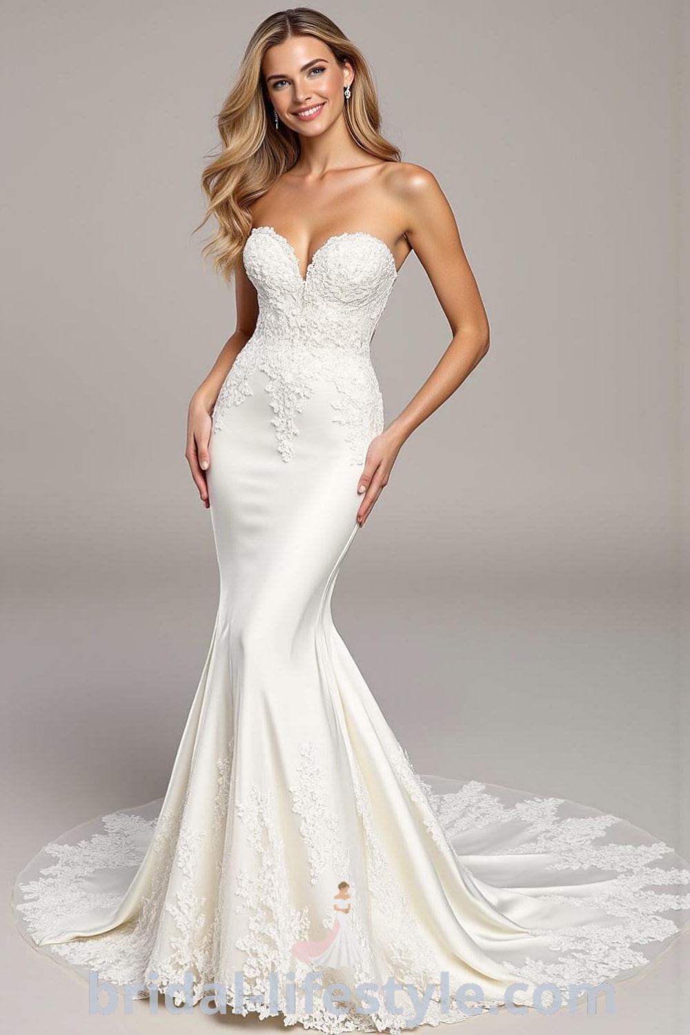 Mermaid wedding dress in soft satin with detachable tulle train, adorned with intricate lace appliqués and a sweetheart neckline. bridal-lifestyle.com